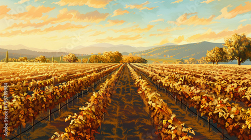 Detailed 3D vector of a late autumn vineyard, rows of vines in golden hues, harvest season in wine country photo