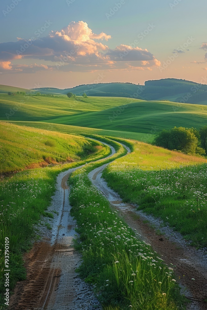 Scenic view of a rural road winding through green hills