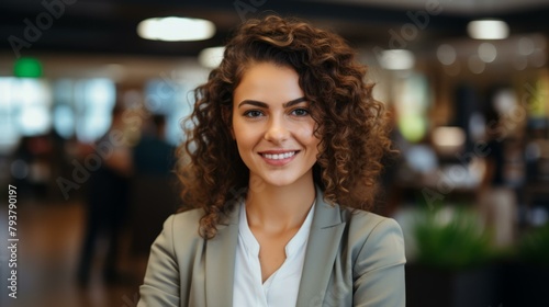 b'Headshot of a young woman with curly hair smiling at the camera' photo