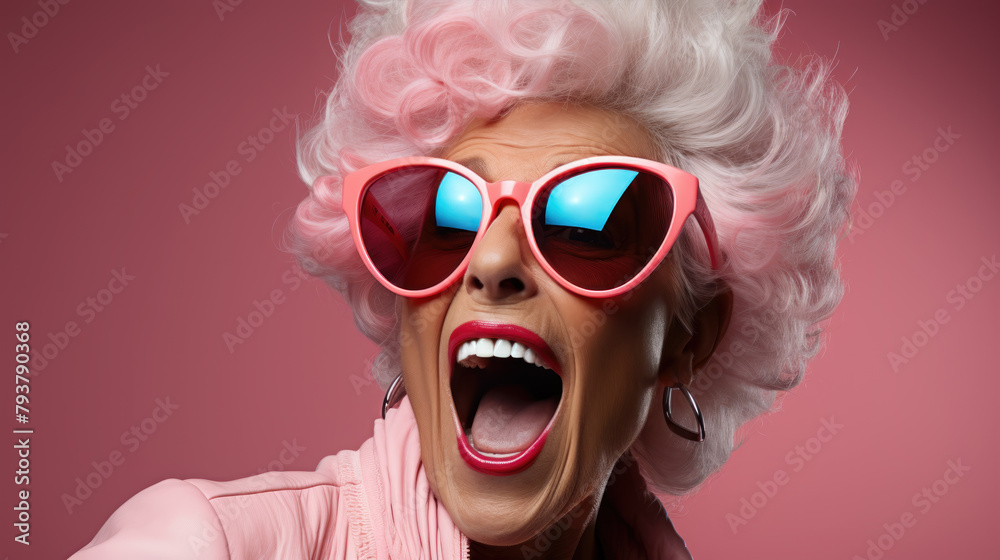 Vibrant older woman with pink hair and screaming sunglasses. Generative ai. Vibrant older woman with pink hair and screaming sunglasses. Generative ai.