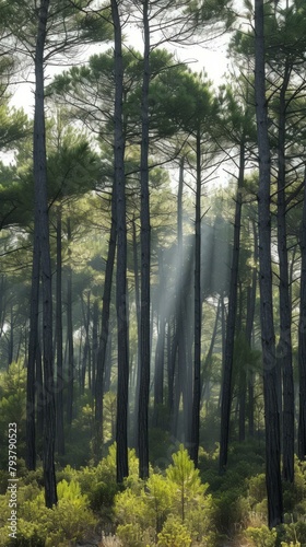 b Pine forest with sun rays shining through the trees 