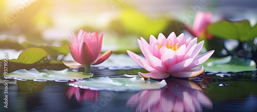 Two pink water lilies in water with green leaves
