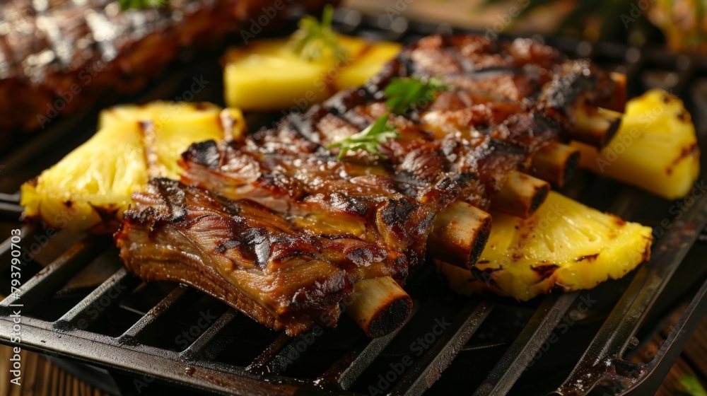 Mouthwatering grilled pork ribs served with grilled pineapple slices, adding a touch of tropical sweetness.