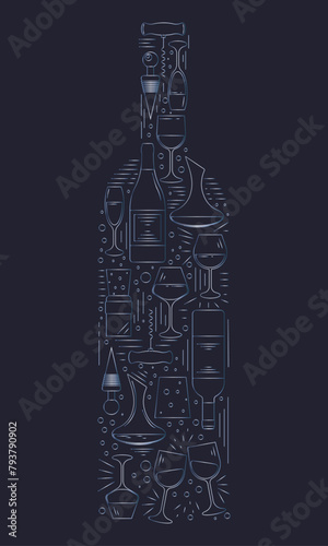 Set of wine objects in a shape of a wine bottle. Silver blue wine bottle with collection of elements including wine bottle, glasses, carafe, wine opener, wine stopper, cork.
