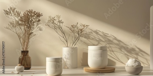 Dried plants and flowers in ceramic containers on a shelf against a beige background