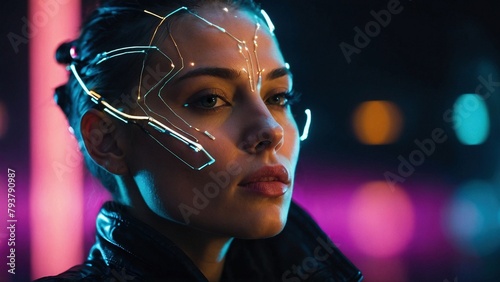 A futuristic close up portrait of a woman's face with glowing digital lights in the background. Cyberpunk art future tech photography illustration concept. Neon lighting implants and techno gadgets. © Leon K