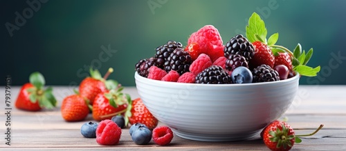 A bowl of assorted berries on a wooden table