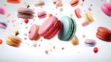  Immerse yourself in the world of confectionery bliss as an array of colorful macarons hover in the air, their delectable presence captured against a spotless PNG background, each detail rendered in 