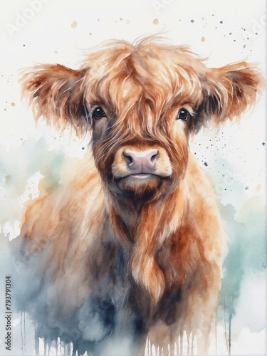 Endearing image of a Highland cow with expressive eyes, painted with vibrant watercolors against a soft backdrop