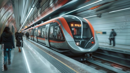 Passengers boarding a sleek high-speed metro train at a modern station platform. photo