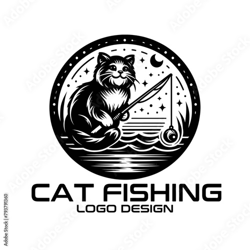 Cat Fishing Vector Logo Design