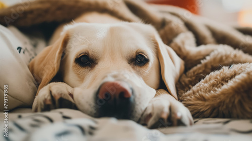 Labrador retriever looks out dreamily while snuggled under a blanket, exuding warmth and comfort.