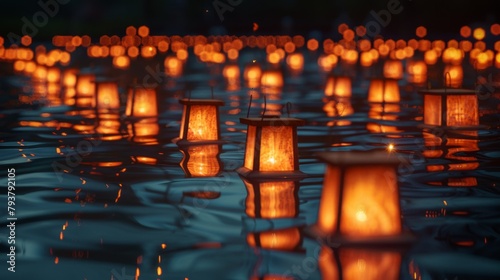 Rows of illuminated floating lanterns casting reflections on the water's surface, creating a magical ambiance.