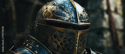 Person in armor with close-up helmet photo