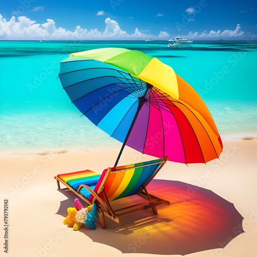 sdraio e ombrellone colorati su spiaggia caraibica photo