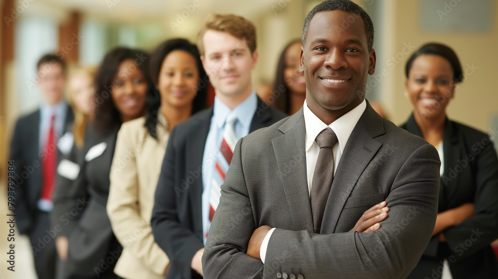 Diverse business team stands confidently, led by a man in the foreground, portraying teamwork and leadership. Diverse business team stands confidently, led by a man in the foreground, portraying teamwork and leadership.