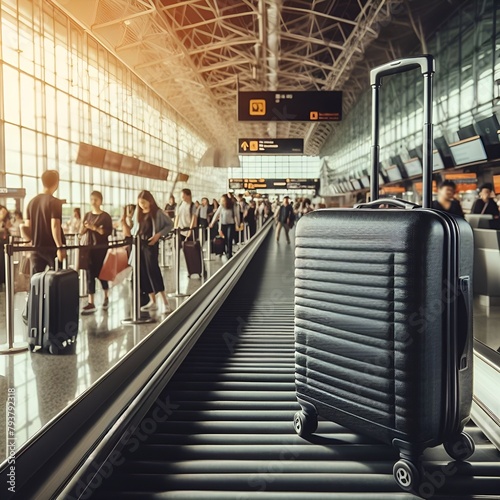trolley nero su nastro trasportatore in aeroporto o stazione photo