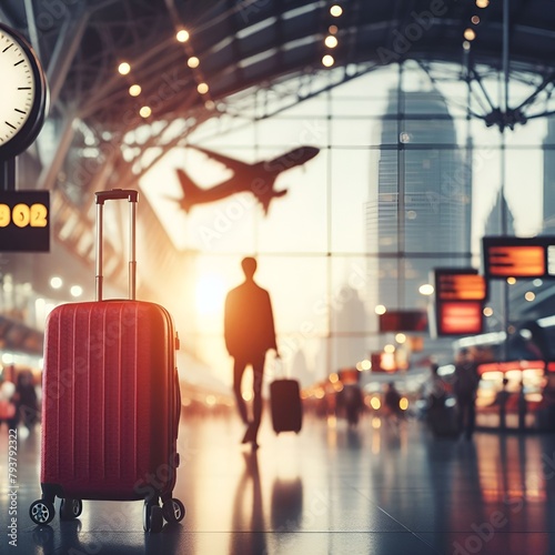 trolley rosso in aeroporto, un aereo vola sullo sfondo photo