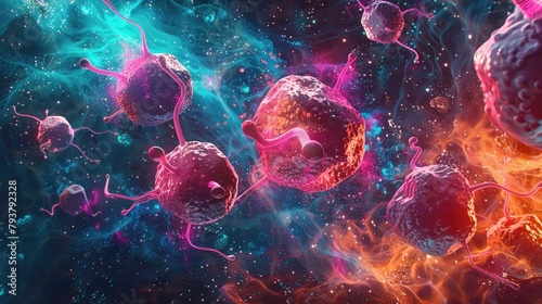 Detailed 3D visualization of leukemia cells under a microscope, focusing on the irregular shapes and vibrant colors typical of cancerous cells, photo