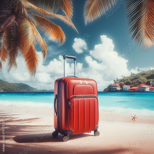 trolley rosso per le vacanze sulla spiaggia photo