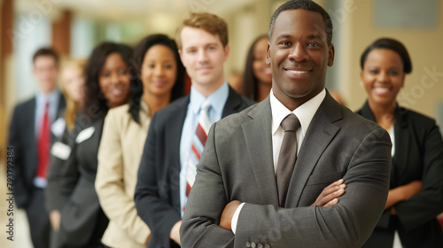 Diverse business team stands confidently, led by a man in the foreground, portraying teamwork and leadership.