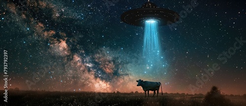 Whimsical image of a cow being gently lifted by a UFO beam into a spacecraft, against a starry night sky, creating a playful extraterrestrial scene, photo