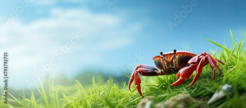 Crab resting grassy field photo