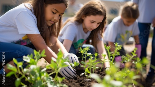 A group of young girls working together in a garden, planting flowers and weeding the soil