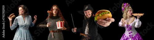 People dressed as different medieval royal persons, knight and pirate, eating street food against black studio background. Concept of modern technologies, business, social media, lifestyle photo