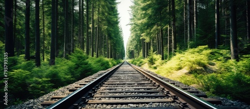 Train track through dense forest