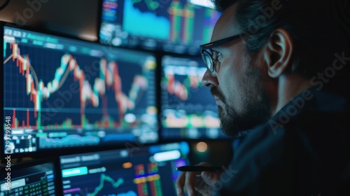 Stock market trader monitoring multiple graphs and charts on computer screens, reacting to real-time market movements.