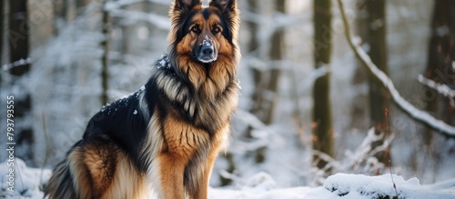 Dog standing snow woods photo