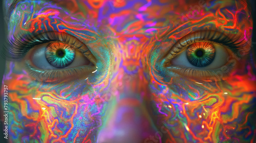 Face with a psychedelic, thermal imaging effect, radiating intense, fiery colors.