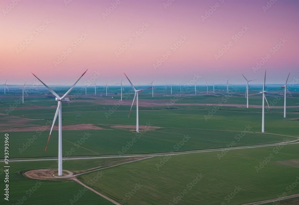 Wind turbines in a field during sunset. Renewable energy landscape with a colorful sky.