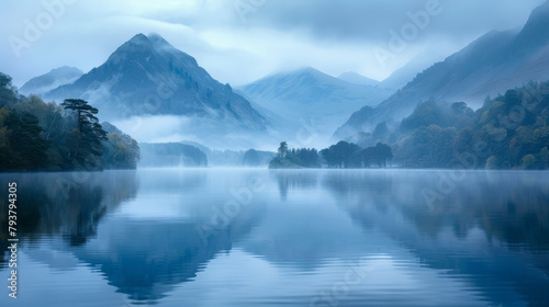 An ethereal scene of soft morning mist hovering over the still waters of a mountain lake, flanked by forested slopes and shadowy peaks. photo