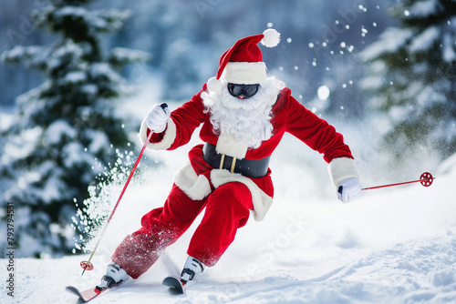 Close up Santa Claus is skiing on snow, Christmas ski holidays.