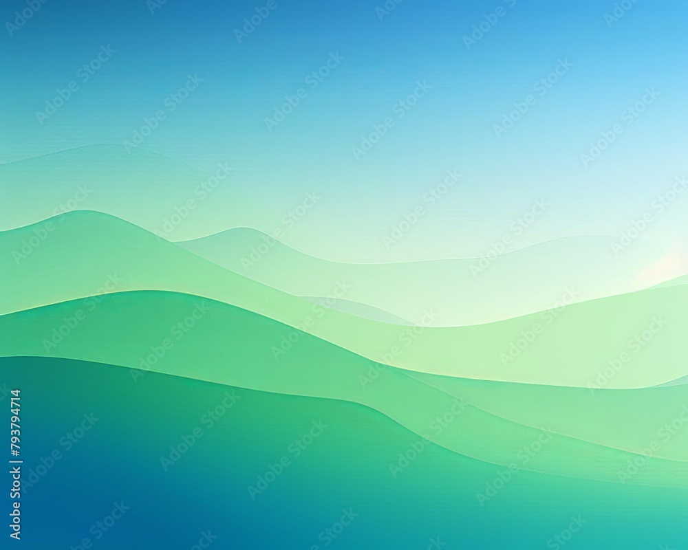 A minimalist landscape painting of rolling hills in the distance with a clear blue sky and white clouds.