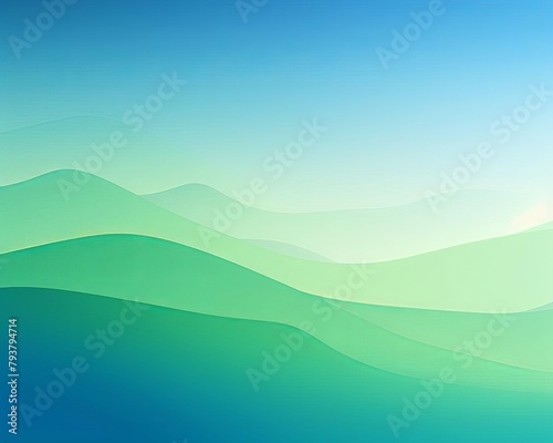 A minimalist landscape painting of rolling hills in the distance with a clear blue sky and white clouds.