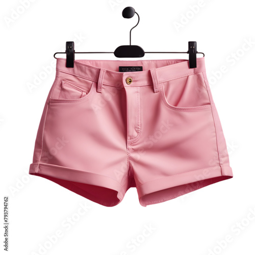 A close up of a pair of pink shorts hanging on a hanger on a transparent background generative ai