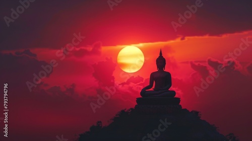 The tranquil silhouette of a Buddha image set against the fiery hues of a sunrise