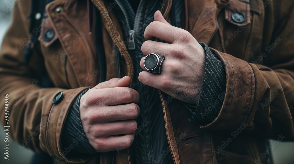 Man showing his black ring. Men's hand accessory concept