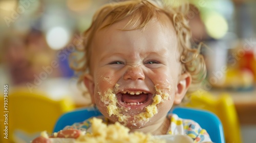 Toddler giving a big, toothy grin while enjoying a messy snack of mashed bananas