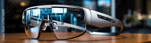 pair of smart glasses, displaying augmented reality, resting on an office desk, mood of futuristic communication, high contrast photography style, avoid showing any screens directly
