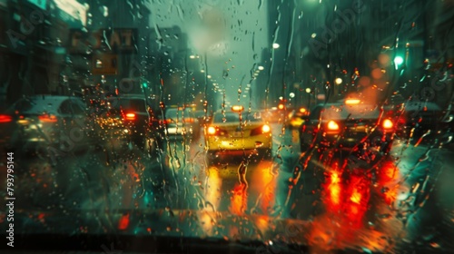 Traffic lights captured through a rainy windshield  adding a cinematic mood to urban driving scenes.