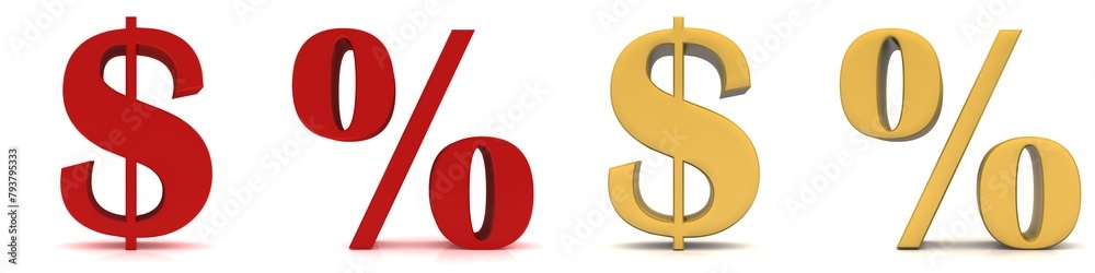 Dollar and percent signs red and golden in high resolution for print and business isolated on white background Dollar and percent signs red and golden in high resolution for print and business isolated on white background