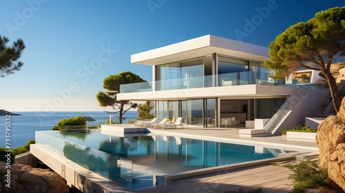 modern villa, with sleek architecture and panoramic sea views, during a summer day, mood of luxury and relaxation, architectural photography style, avoid showing any beach equipment © Phawika
