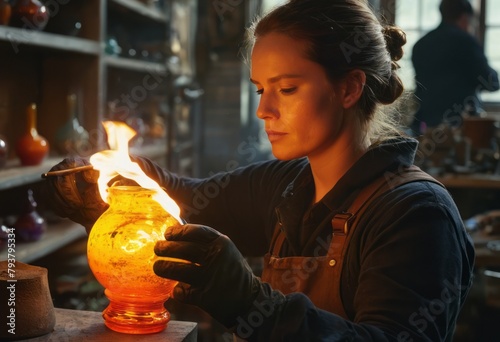 Skilled glassblower forms a vase by fire. Artisan creating unique glass piece with traditional methods. photo