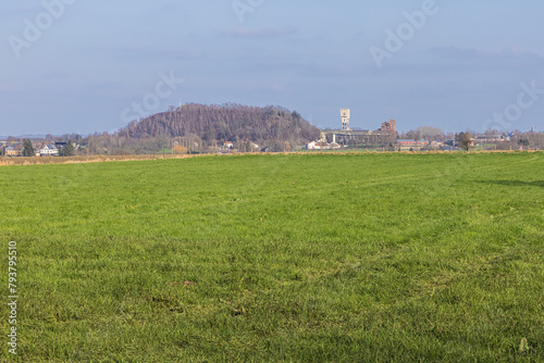 Distant view of the Blegny mine with a slag heap and agricultural activities in its vicinity