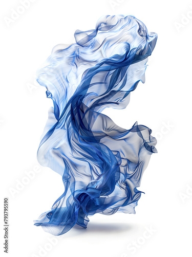 Beautiful silk organdie blue cloth fluttering in the wind on a white background photo