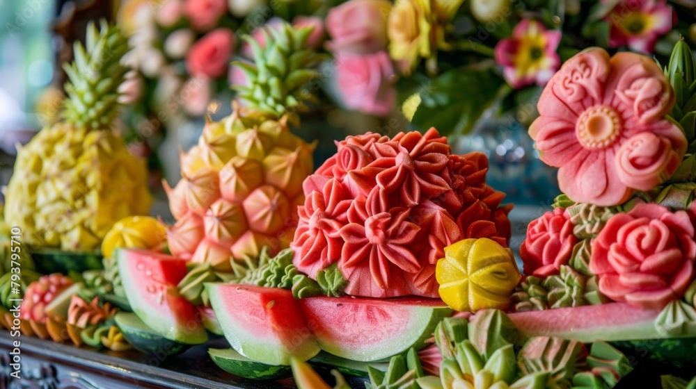 Vibrant fruit carving display featuring intricately carved fruits such as watermelon and pineapple, a Thai culinary tradition.
